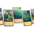 Five fantasy illustration cards fanned out against a plain white background, showing illustrated scenes with parchment-style text boxes at the bottom.
