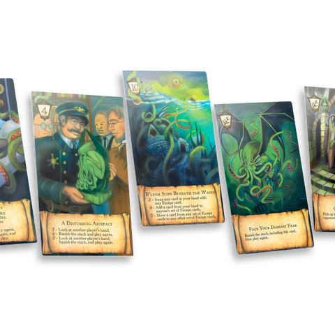 Five fantasy illustration cards fanned out against a plain white background, showing illustrated scenes with parchment-style text boxes at the bottom.