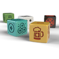 Set of colorful dice with different symbols on a white background