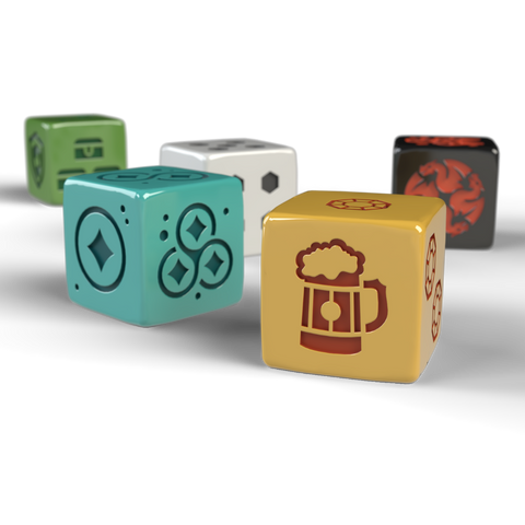 Set of colorful dice with different symbols on a white background