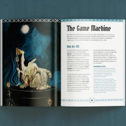 Open book showing a page with an illustration of a mechanical creature and text titled 'The Game Machine'.