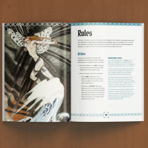 Open book with fantasy illustration on one page and text on the other, on a wooden surface.