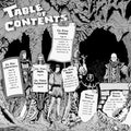 Black and white illustration of a table of contents for a fantasy role-playing game with characters and equipment displayed.