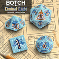 Set of blue dice with numbers on a map background, featuring the 'BOTCH' brand.