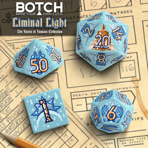 Set of blue dice with numbers on a map background, featuring the 'BOTCH' brand.