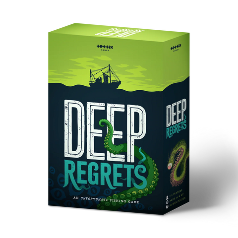 Board game box titled 'Deep Regrets' with a green and blue design on a white background