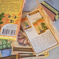 Card game with plant-themed cards and a box on a gray surface