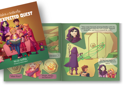 Children's book titled 'An Unexpected Quest' with colorful illustrations on a white background