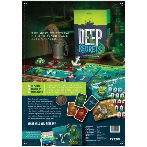 Board game packaging for 'Deep Regrets' with game pieces and cards displayed.