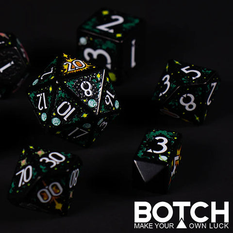 Set of black dice with white numbers on a dark background, featuring the brand 'BOTCH'.