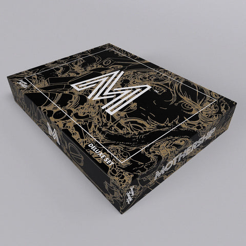 Decorative box with intricate patterns and a logo on a gray background