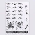 Sheet of black and white illustrations on a light gray background