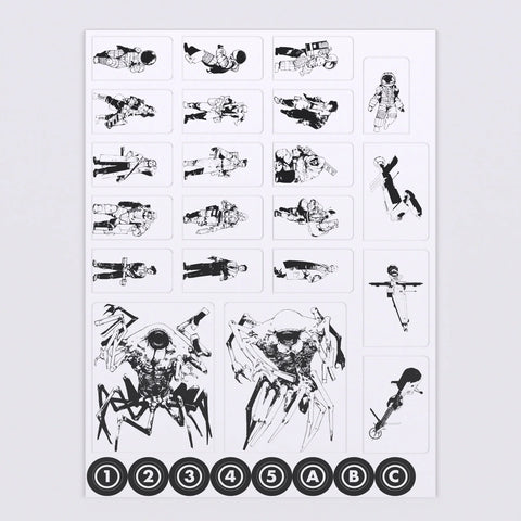 Sheet of black and white illustrations on a light gray background