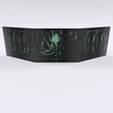 Foldable card with a green alien design on a white background