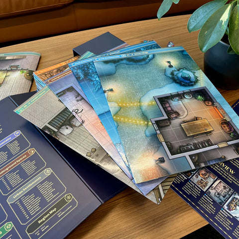 Board game components on a wooden table with a plant in the background