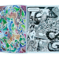 Open book with colorful map on one page and black and white illustration on the other, against a blue background.