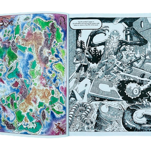 Open book with colorful map on one page and black and white illustration on the other, against a blue background.