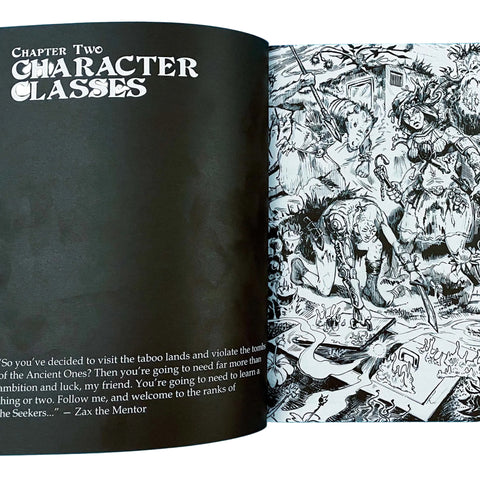 Open book showing 'Character Classes' chapter with black and white illustration on a blue background