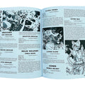 Open book with black and white illustrations and text on a blue background
