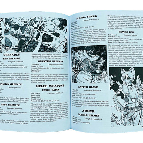 Open book with black and white illustrations and text on a blue background