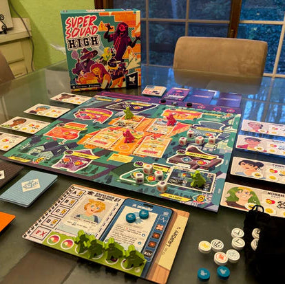 Board game with colorful components on a glass table