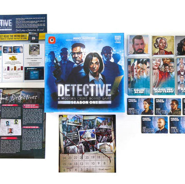 Detective: A Modern Crime Scene Game Season One board game set displayed on a white background, including the main blue box, instruction booklet, character cards, evidence cards, and dice.