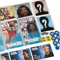 Board game components laid out on a white surface, including character portrait cards, blue question-mark cards, yellow and blue money tokens, and a partially visible blue game box.