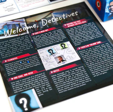 A printed detective-themed board game or activity booklet titled "Welcome, Detectives" shown on a white surface, with other game components partially visible around it.