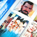A close-up of a printed card or booklet showing illustrated portraits of public figures, including a bearded man, a woman with gray hair, and several other faces arranged in a collage layout.