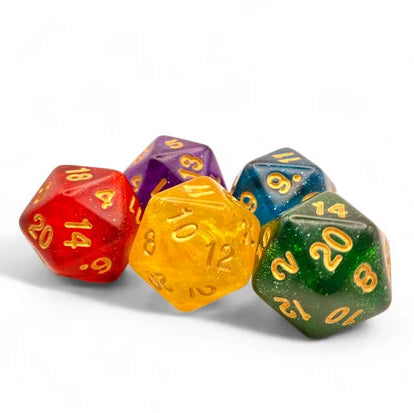 Set of colorful polyhedral dice on a white background