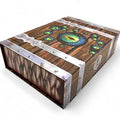 A fantasy-themed wooden chest with metallic silver straps and rivets, featuring a green eye design on the lid and a textured side panel resembling scales or teeth, shown on a white background.