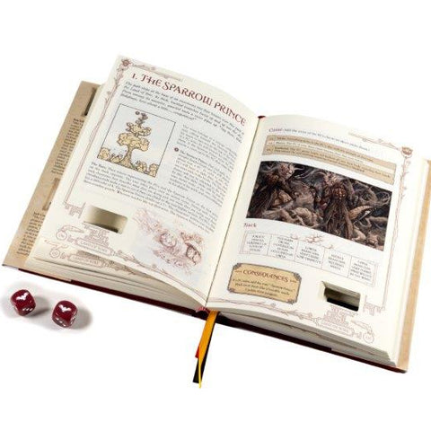 An open vintage-style book with cutout pages reveals hidden illustrations and text, shown alongside a printed character card and two red dice on a white background.