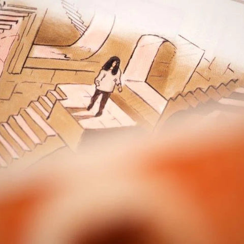 A stylized illustration of a person standing on a staircase in a warm-toned architectural scene, with a large blurred orange shape in the foreground partially obscuring the lower area.