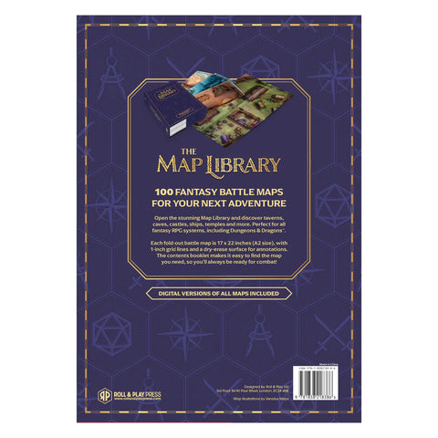 Book cover of 'The Map Library' with fantasy battle maps on a blue background