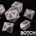 Set of dice with purple numbering on a black background, featuring the brand 'BOTCH'.