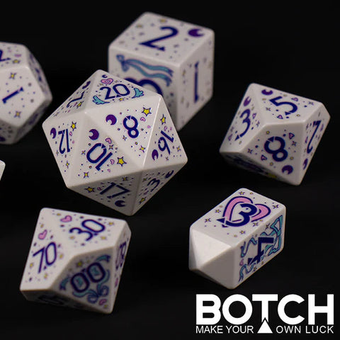 Set of dice with purple numbering on a black background, featuring the brand 'BOTCH'.