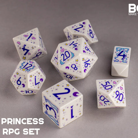 Set of seven dice with 'Magic Princess' design on a gray background, featuring the brand 'BOTCH'.