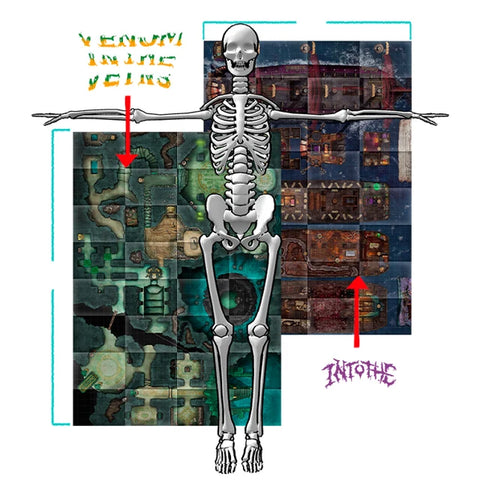 A product graphic showing a silver skeleton figure posed over two square puzzle-piece style panels with fantasy map artwork. Red arrows and stylized text point to sections of the panels, suggesting assembly or placement instructions.