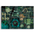A rectangular fantasy dungeon map print or poster shown against a plain white background. The artwork is composed of many dark green, teal, gray, and brown grid-like tiles with illustrated cave passages, platforms, and glowing green details.