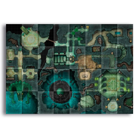 A rectangular fantasy dungeon map print or poster shown against a plain white background. The artwork is composed of many dark green, teal, gray, and brown grid-like tiles with illustrated cave passages, platforms, and glowing green details.