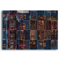 A 12-panel canvas wall art print depicting a detailed fantasy map or ship layout in dark blue, brown, and rust tones, shown hanging on a white wall.