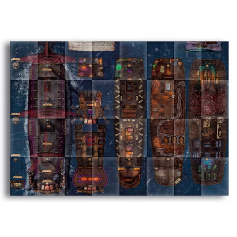 A 12-panel canvas wall art print depicting a detailed fantasy map or ship layout in dark blue, brown, and rust tones, shown hanging on a white wall.