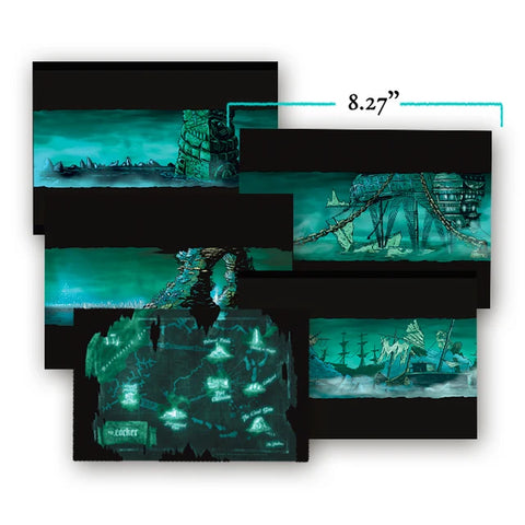 A set of overlapping rectangular wall art panels showing a dark teal and black pirate-themed underwater scene with ships, chains, and a map. A cyan measurement label reads 8.