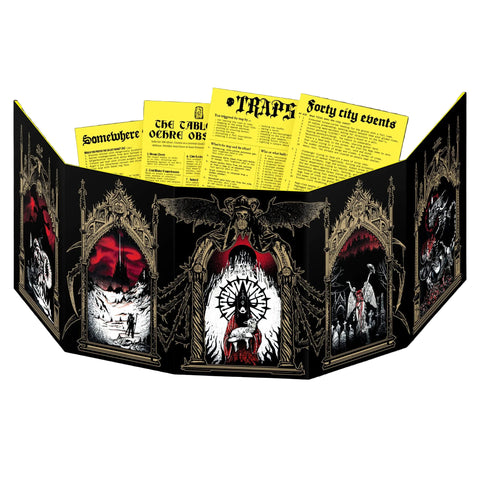 Decorative box with gothic design elements and yellow text on a black background