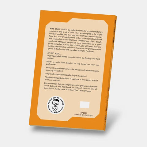 The back cover of the 'Rise Space Games' board game box, featuring a bright orange border and a cream-colored center with black text and a circular logo 