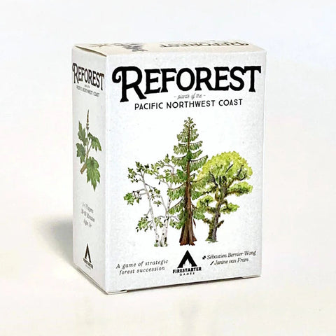 Box labeled 'Reforest Pacific Northwest Coast' with tree illustrations on a white background