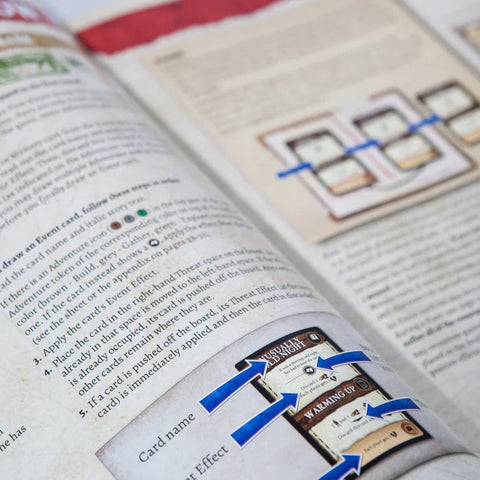 Open book with text and illustrations, focusing on a card with blue arrows.