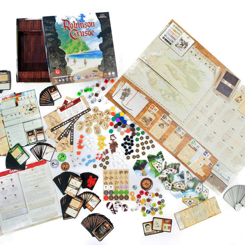 Board game components including cards, maps, and pieces on a white background