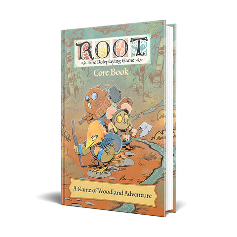 Cover of 'ROOT The Roleplaying Game Core Book' with cartoon characters on a white background