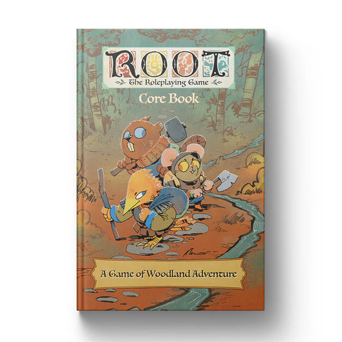 Cover of 'ROOT The Roleplaying Game Core Book' with cartoon characters on a woodland theme.